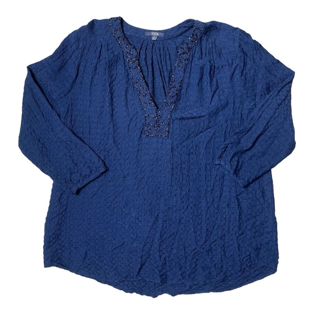NYDJ Women Blouse L Navy Blue 3/4 Sleeve Geometric Beaded 3/4 Button Down Front